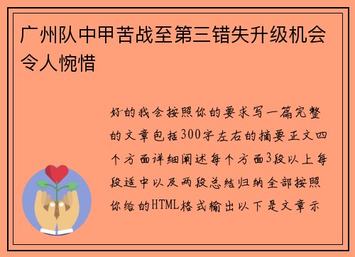 广州队中甲苦战至第三错失升级机会令人惋惜